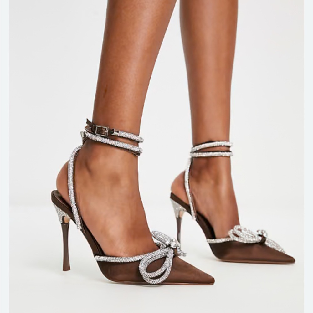 Metallic ankle-wrap Stiletto heels Crystal-embellished Bow detail Chocolate 9W - Picture 2 of 14